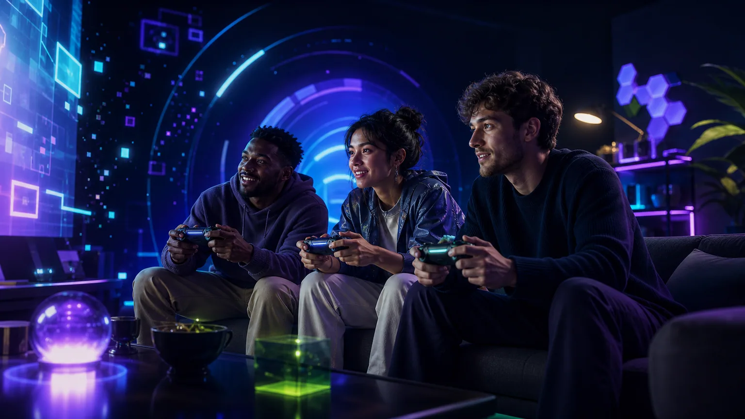 Three friends enjoying a cooperative game together in a colorful gaming room
